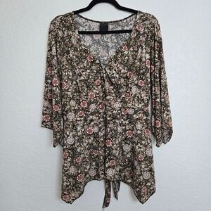 JTB Woman 1X Floral Print Tie Back 3/4 Sleeve Blouse V‎ Neck Flowing Bohemian